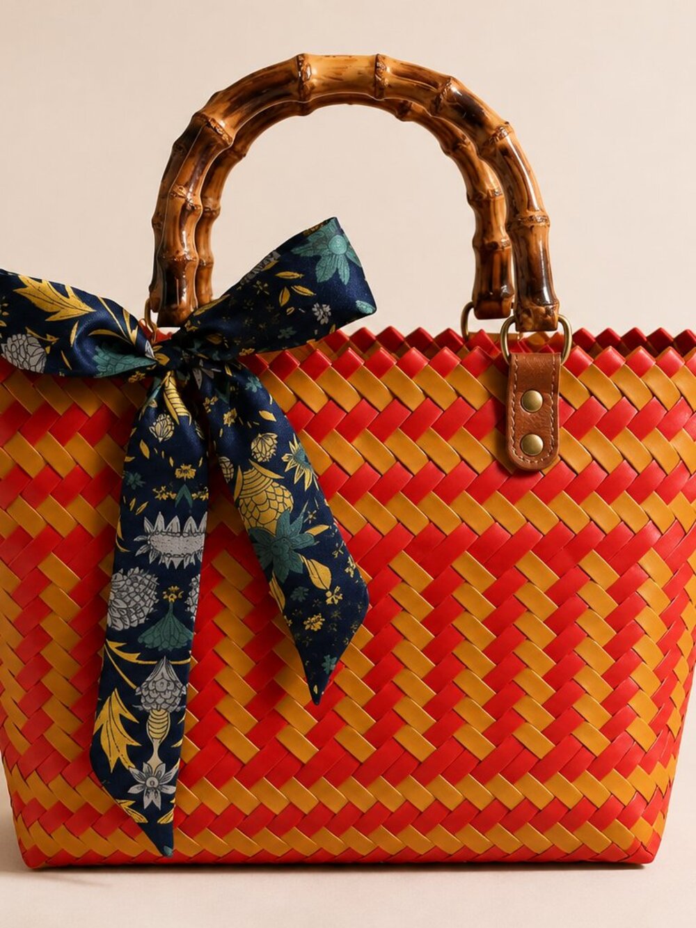 Handwoven Red Yellow Tote Bag • Faux Bamboo Handle, Silk Scarf Accent